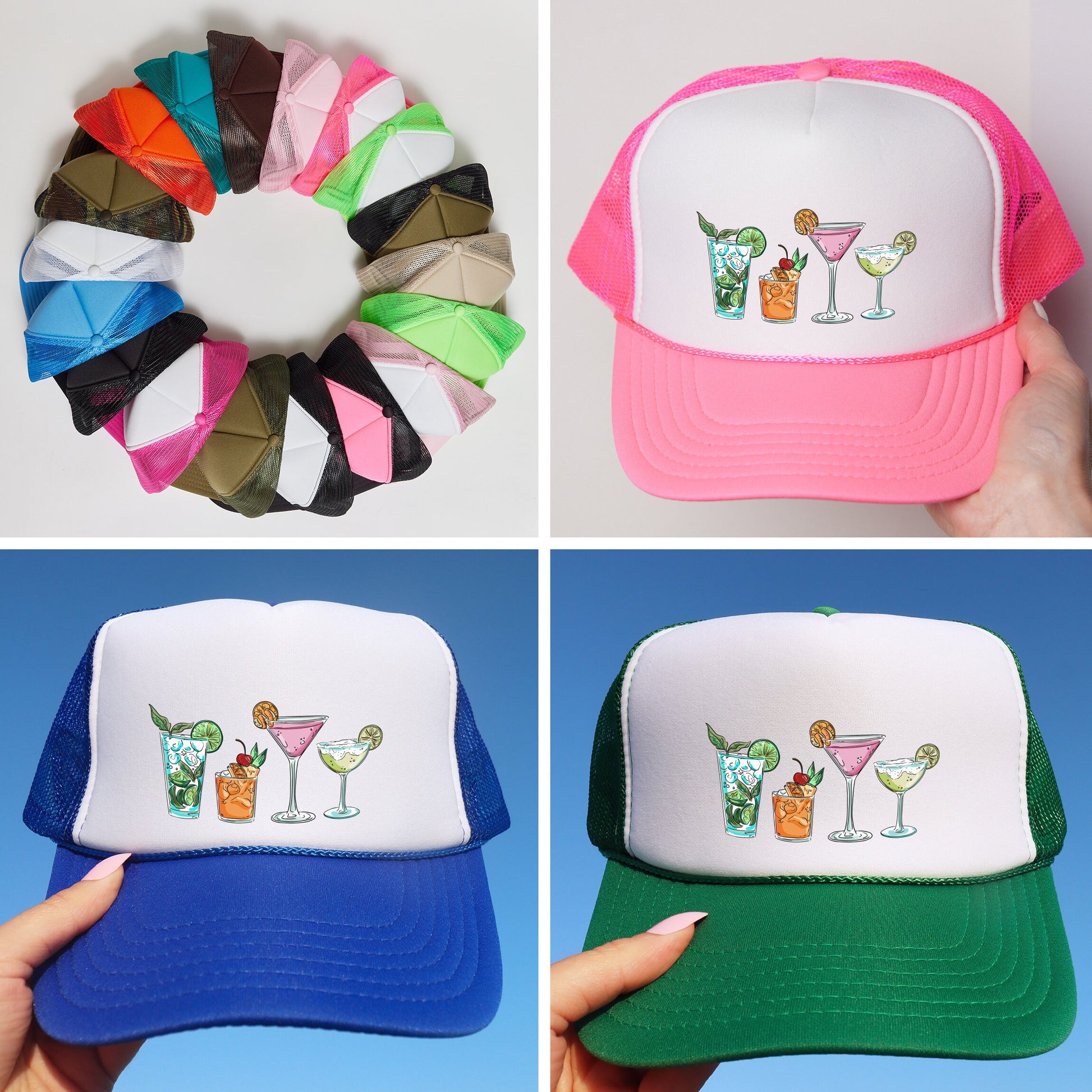 a collage of hats with different designs on them