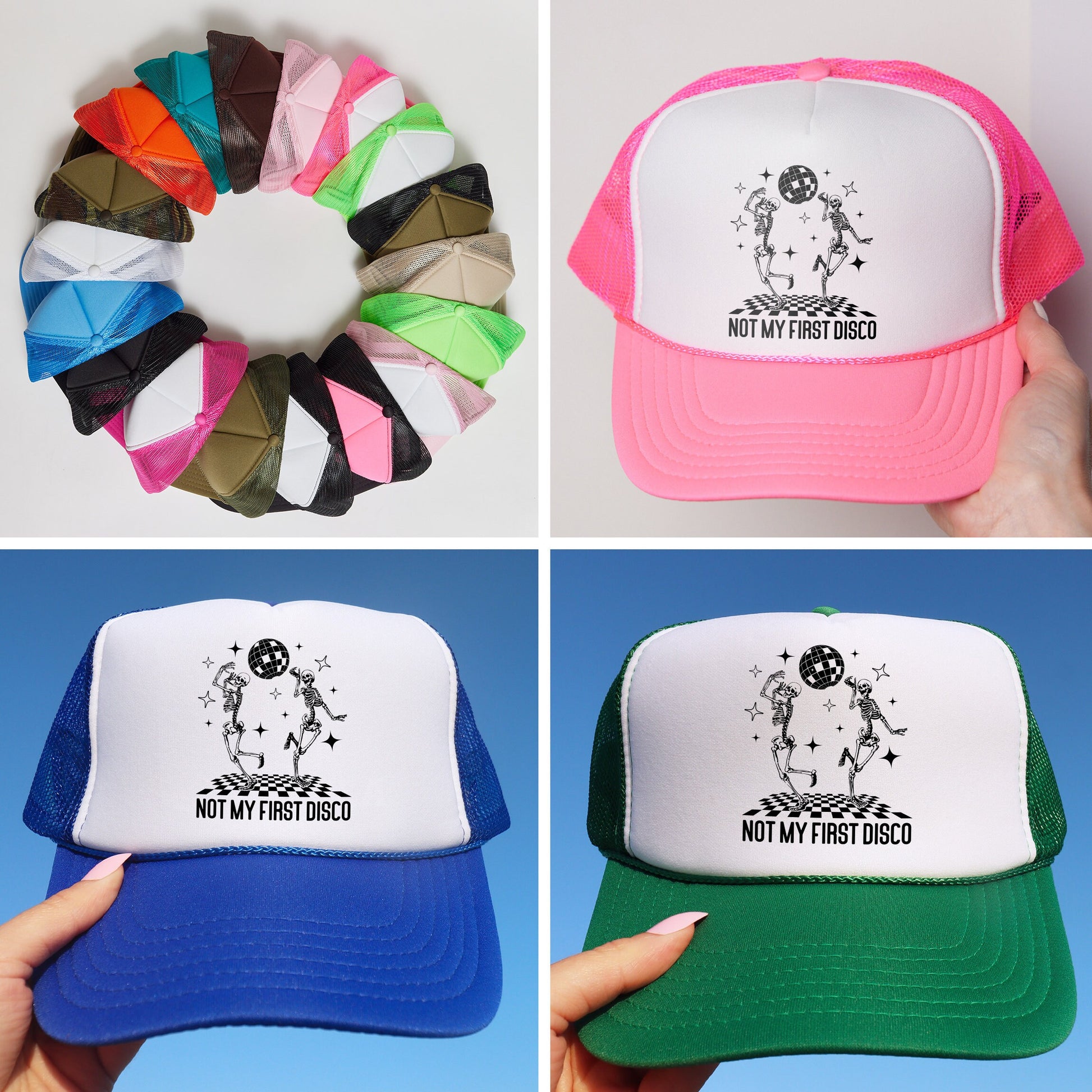 a collage of four hats with different designs