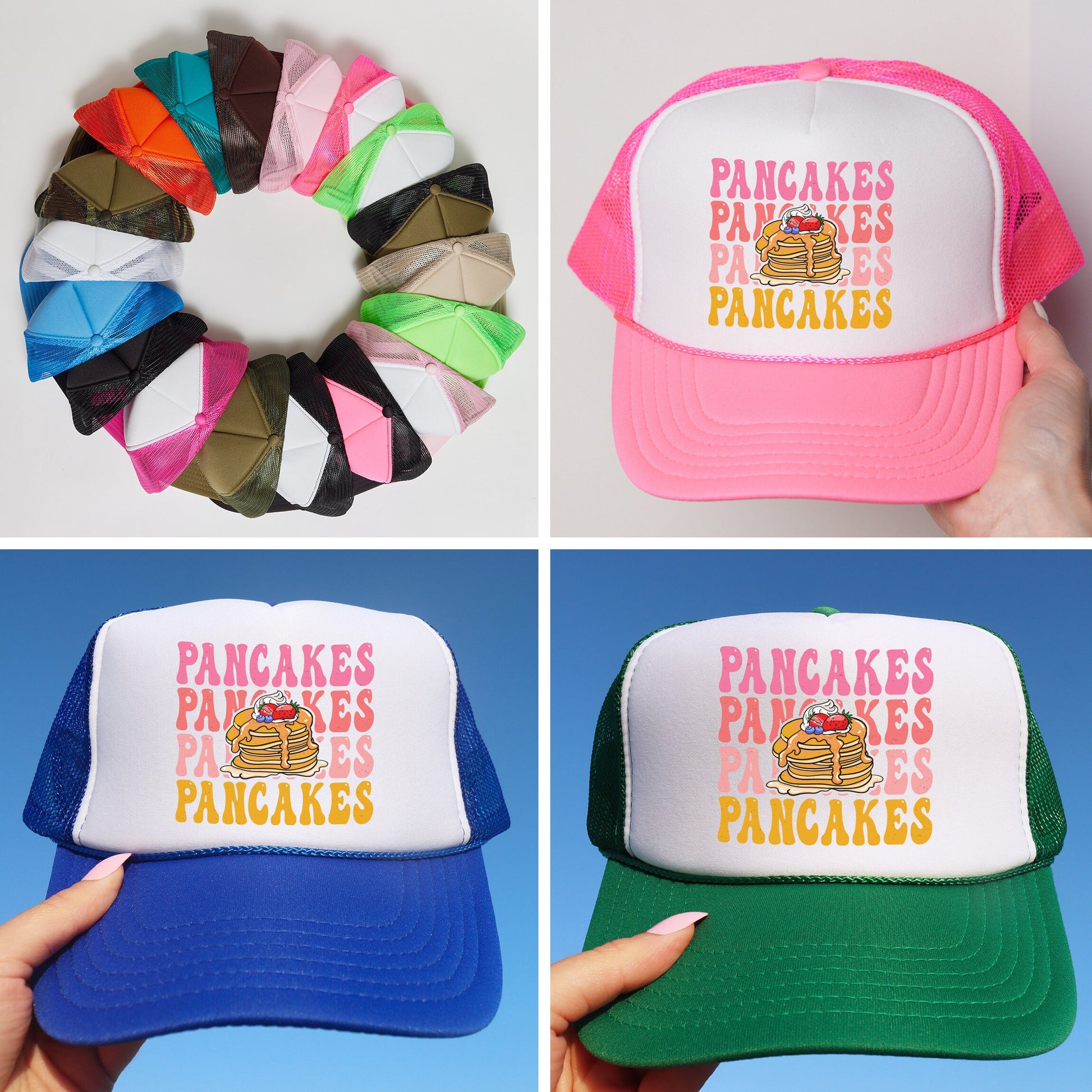 a collage of four pictures of different hats