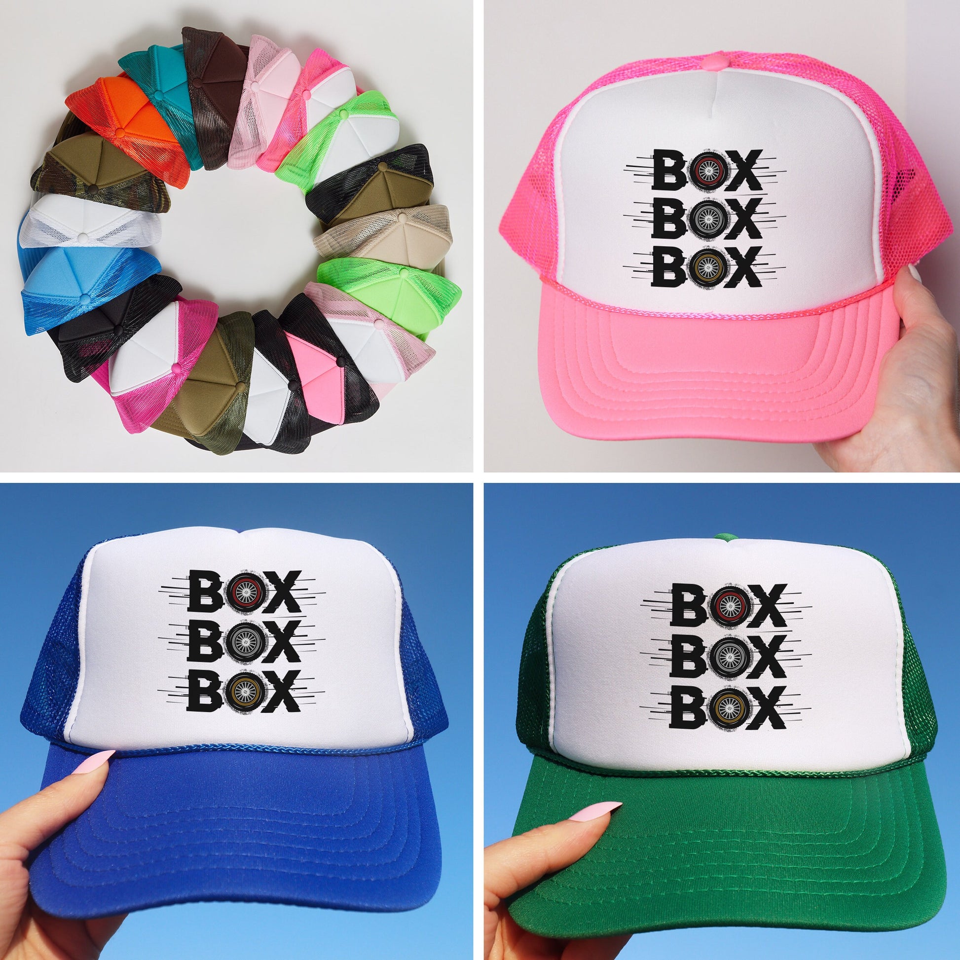 a collage of four hats with different designs