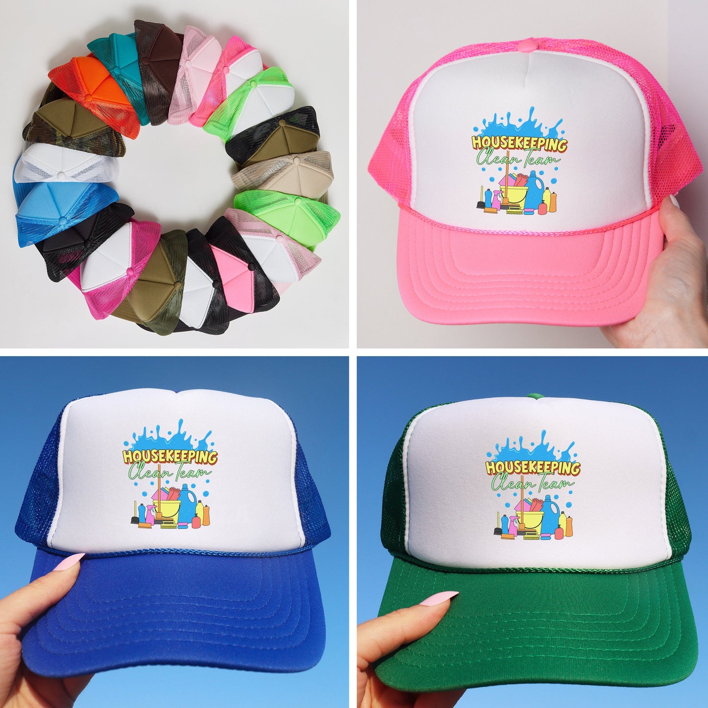 a collage of four hats with different designs