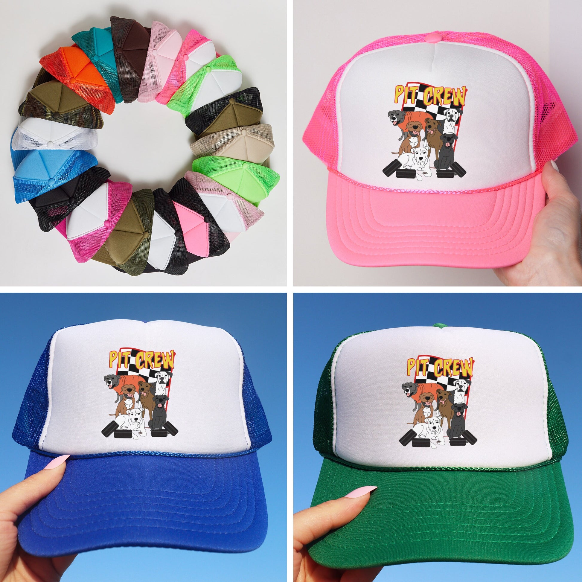 a collage of four different hats with a picture of a dog