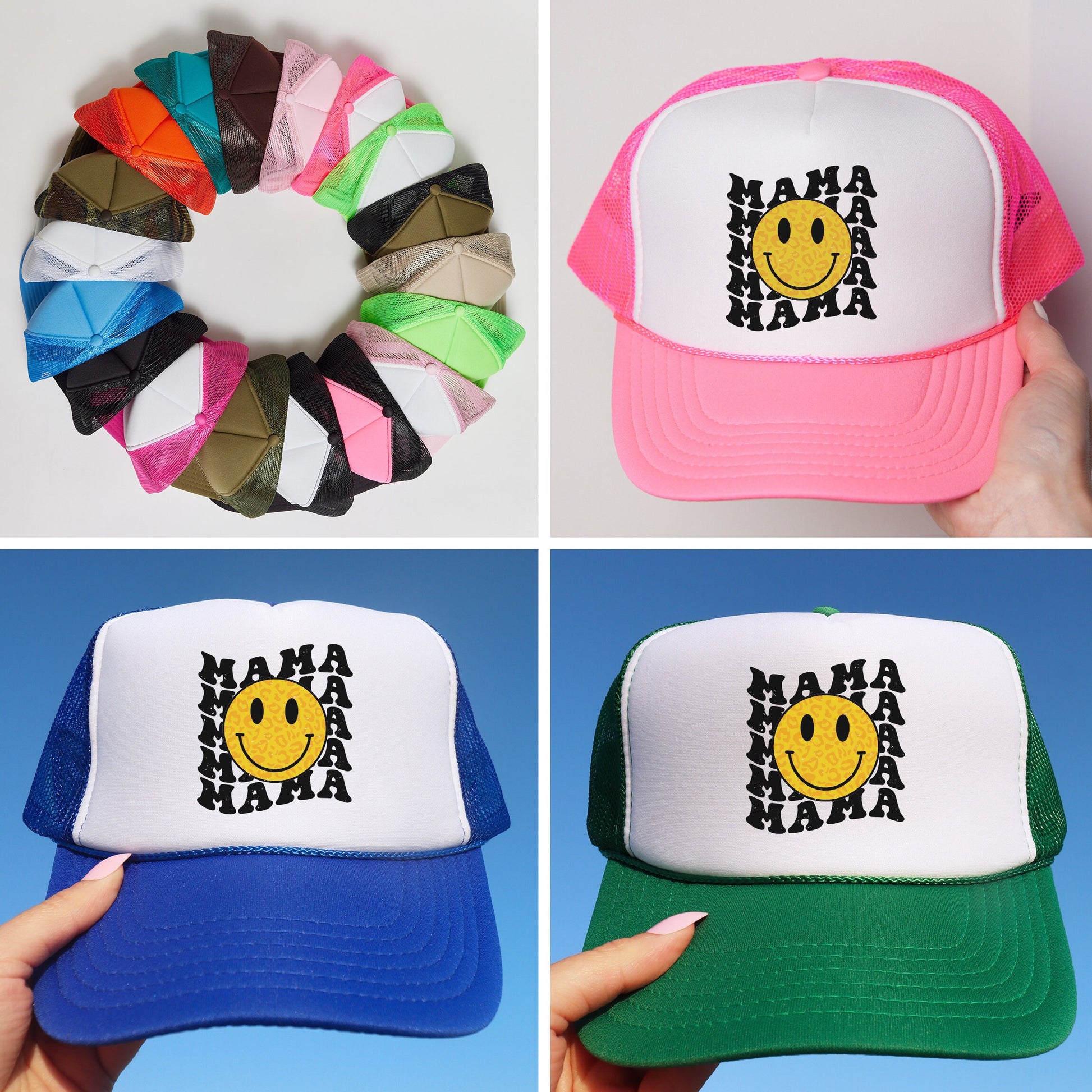 a collage of four hats with different designs