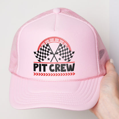 a pink hat with a checkered flag on it
