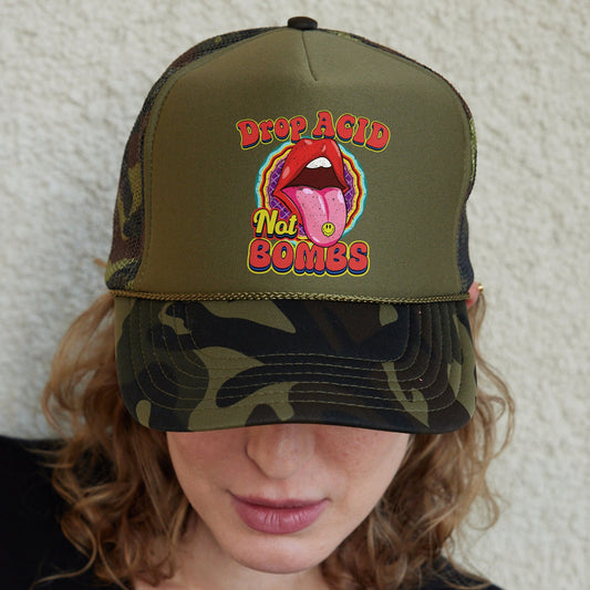 Drop Acid Not Bombs Hats, Hippie Hat, Vintage Psychedelic Hat, 70s Baseball Caps, Trippy Hat, Drop Acid Not Bombs Graphic Hat, LSD Hat