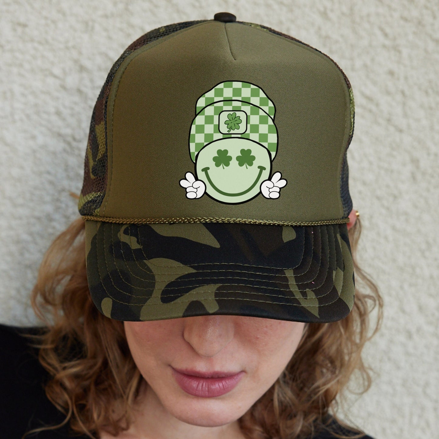 Smiley Face Trucker Hat, St Patricks Day Hat, Happy Hat, Smiley Clovers Hat, St Patty's Hat, Irish Day Hats