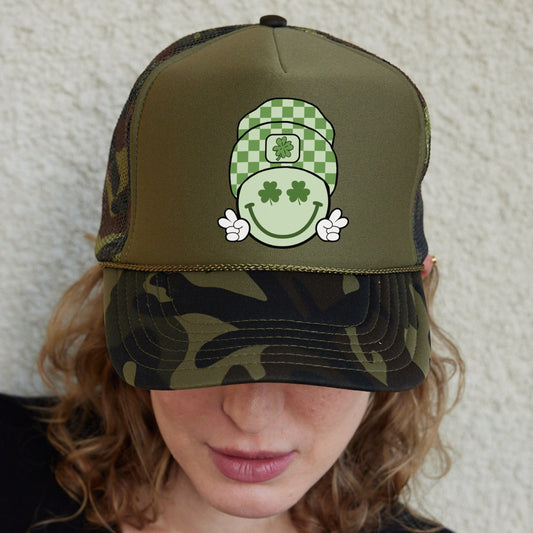 Smiley Face Trucker Hat, St Patricks Day Hat, Happy Hat, Smiley Clovers Hat, St Patty's Hat, Irish Day Hats
