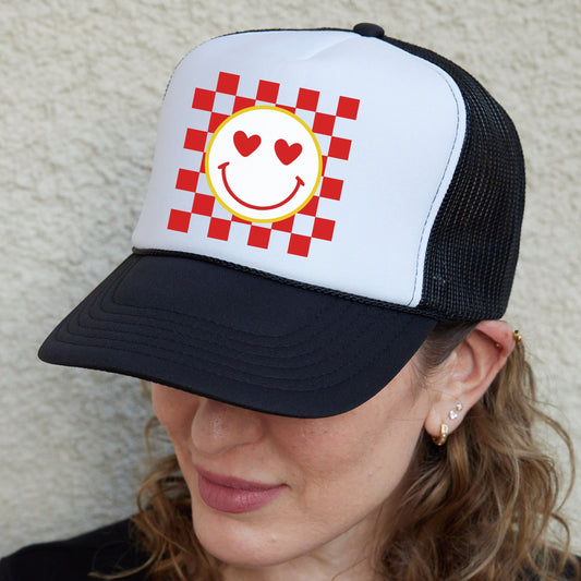 Checkered Smiley Face Hats, Smiley Face Trucker Hat, Happy Smile Graphic Hat, Smiley Valentine Hat, Love Hat, Summer Trip
