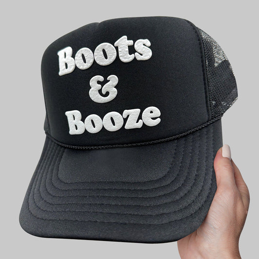Boots & Booze Puff Print Trucker Hat, Boots And Booze Cap