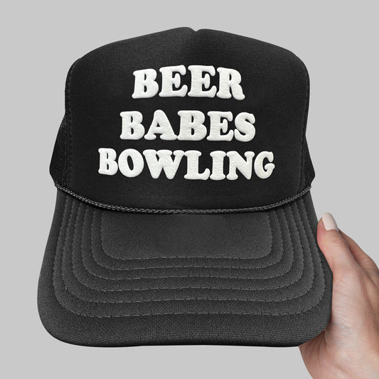 Beer Babes Bowling Puff Print Trucker Hat, Beer Babes Bowling Hat