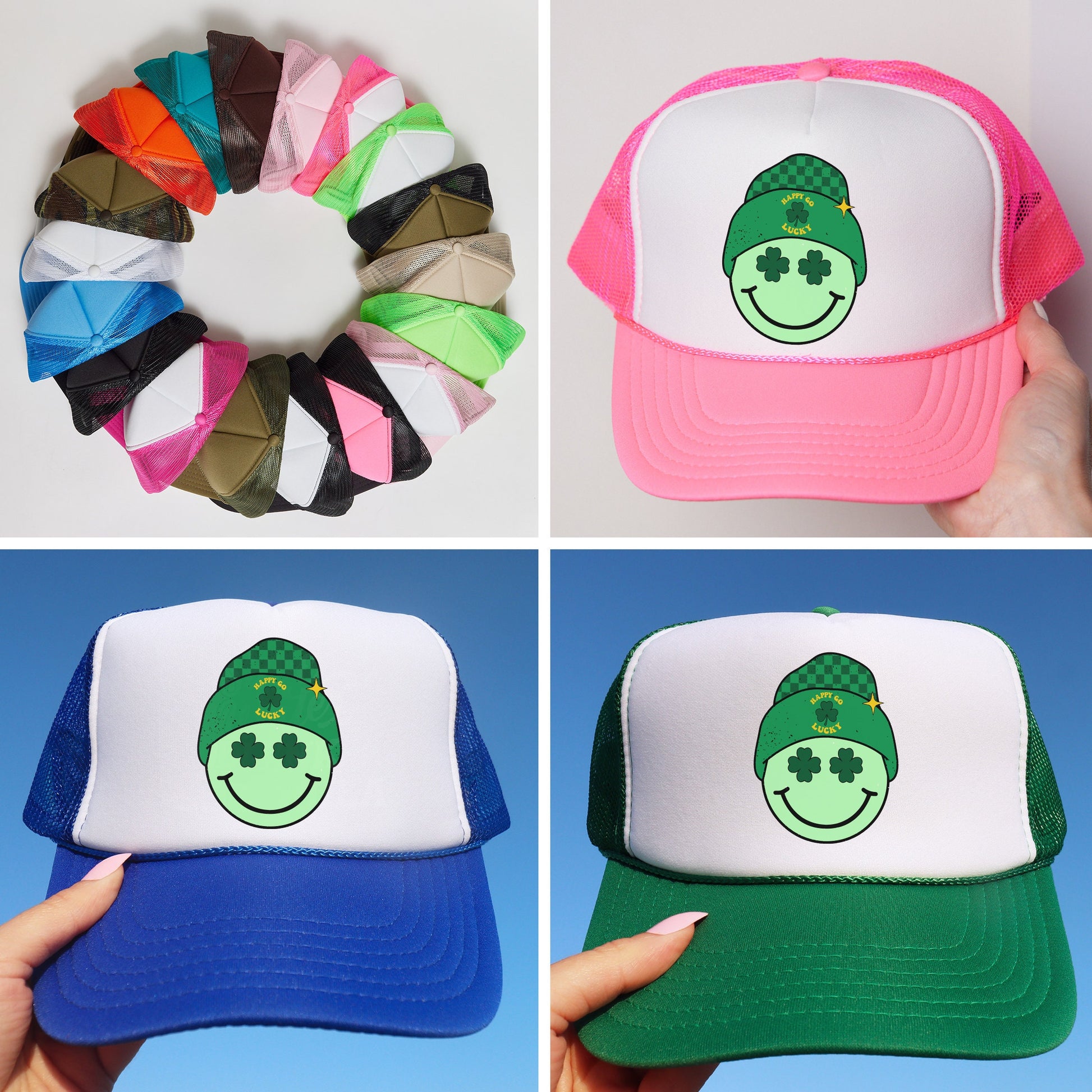 a collage of four hats with different designs on them