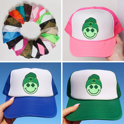 a collage of four hats with different designs on them