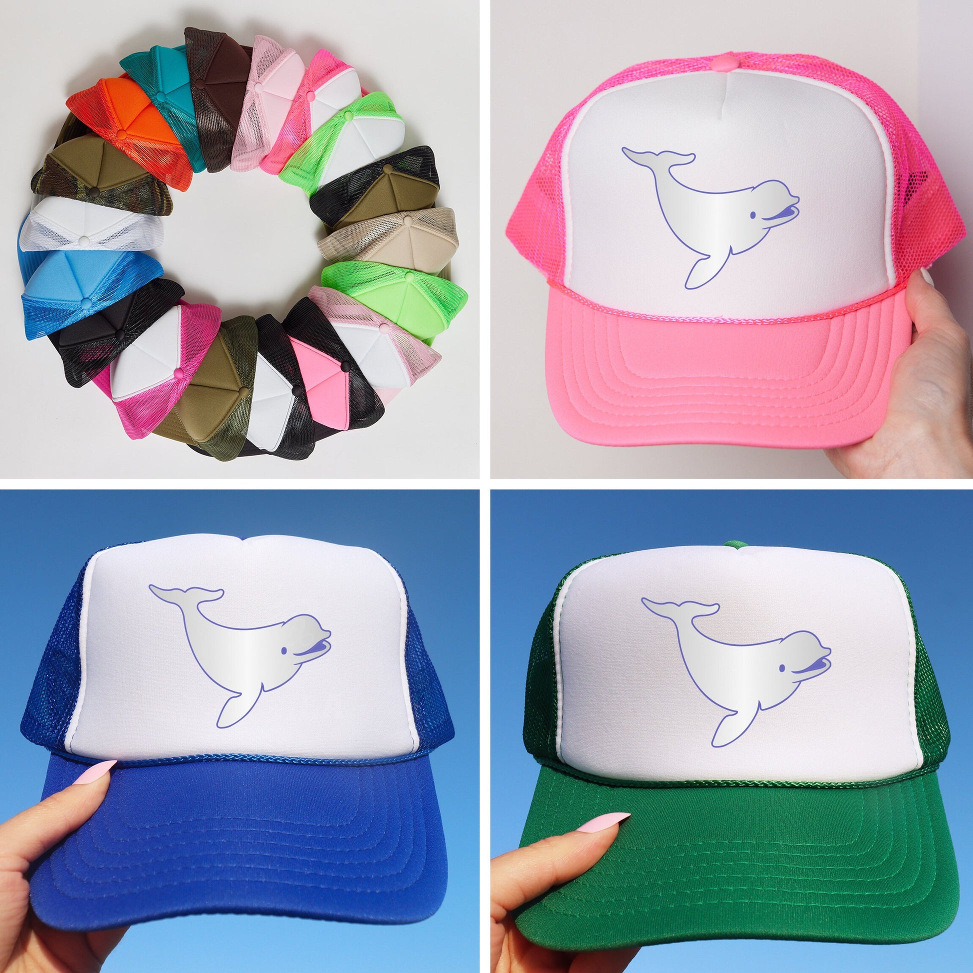 a collage of four different hats with a picture of a dolphin