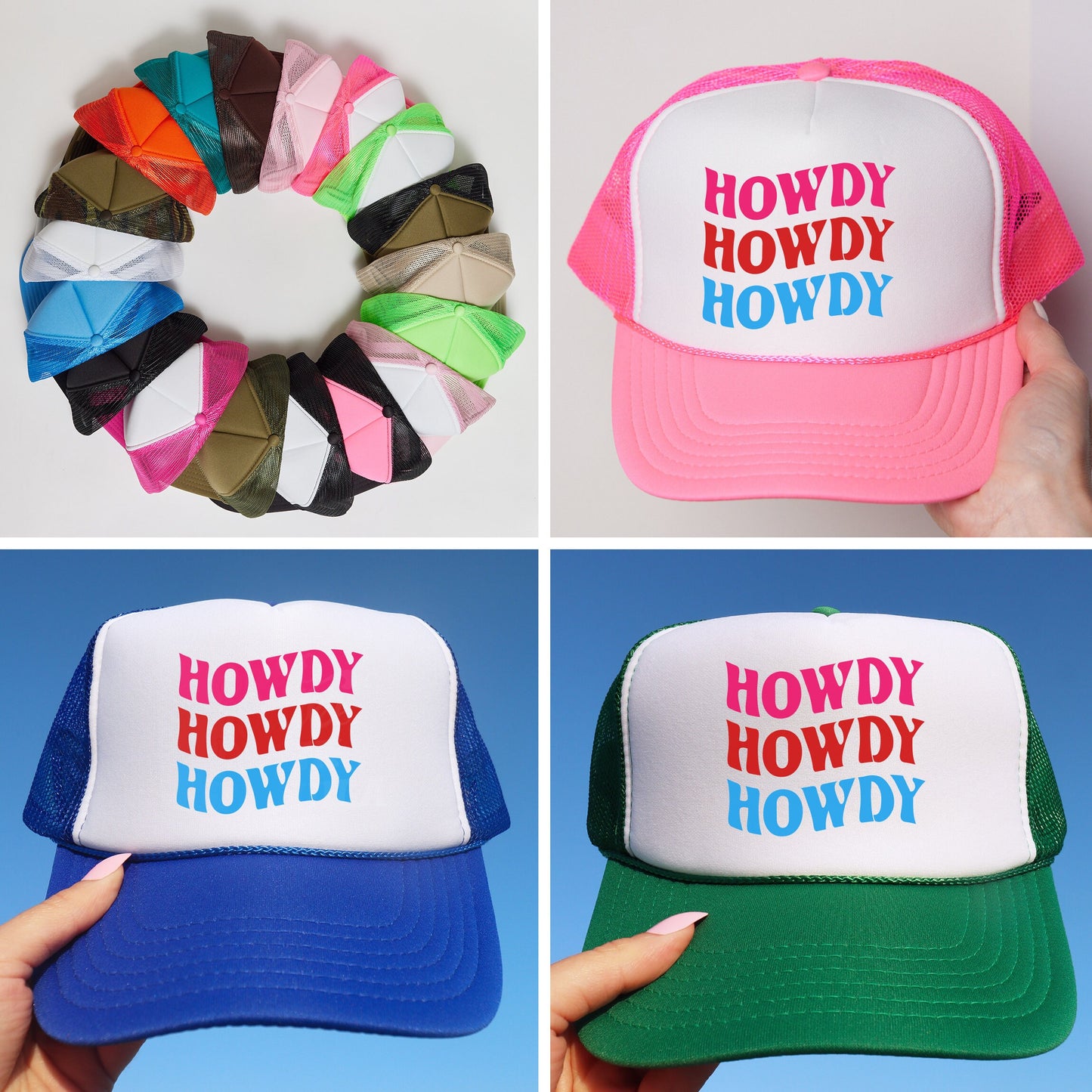 a collage of four hats with the words howdy hoddy on them