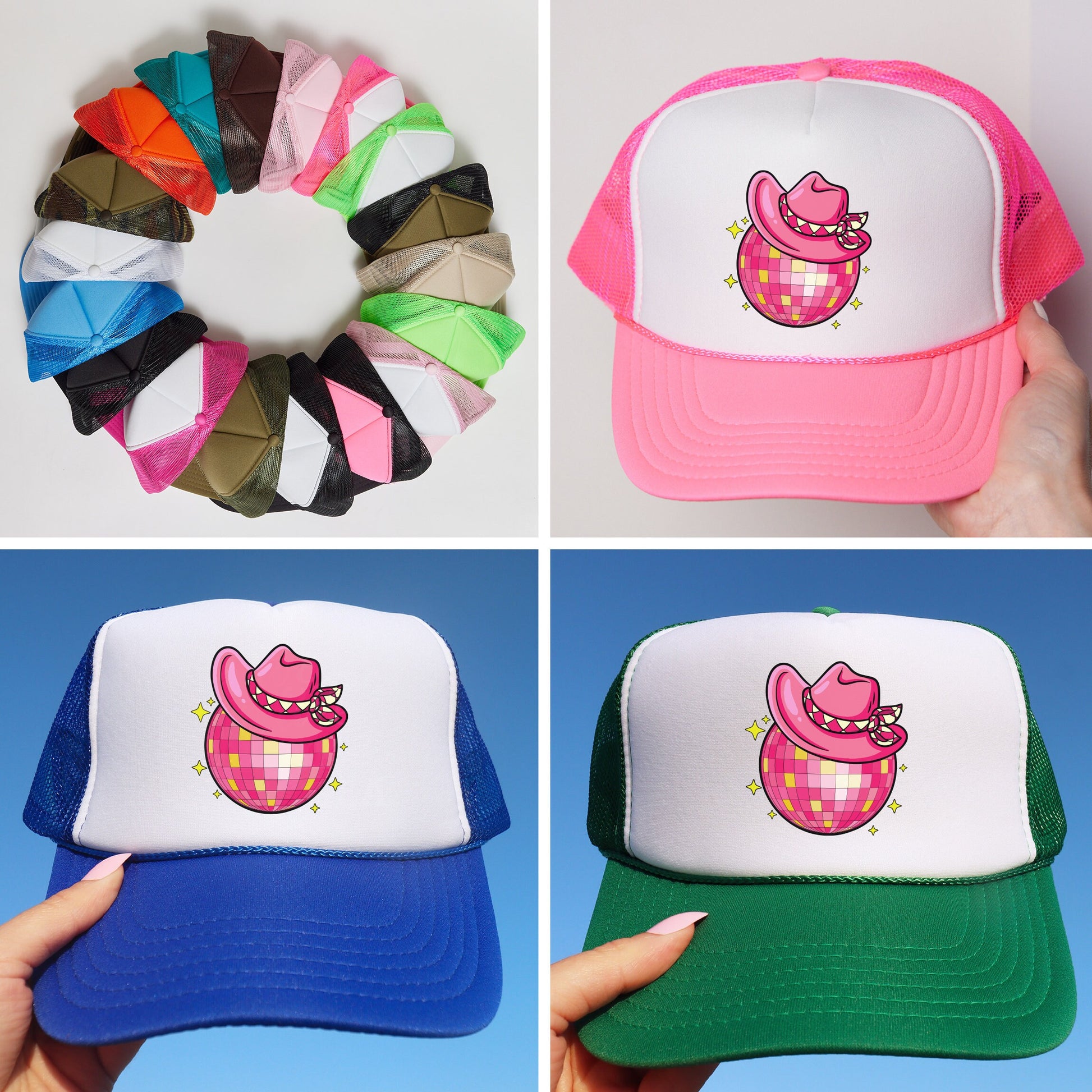 a collage of four hats with different designs