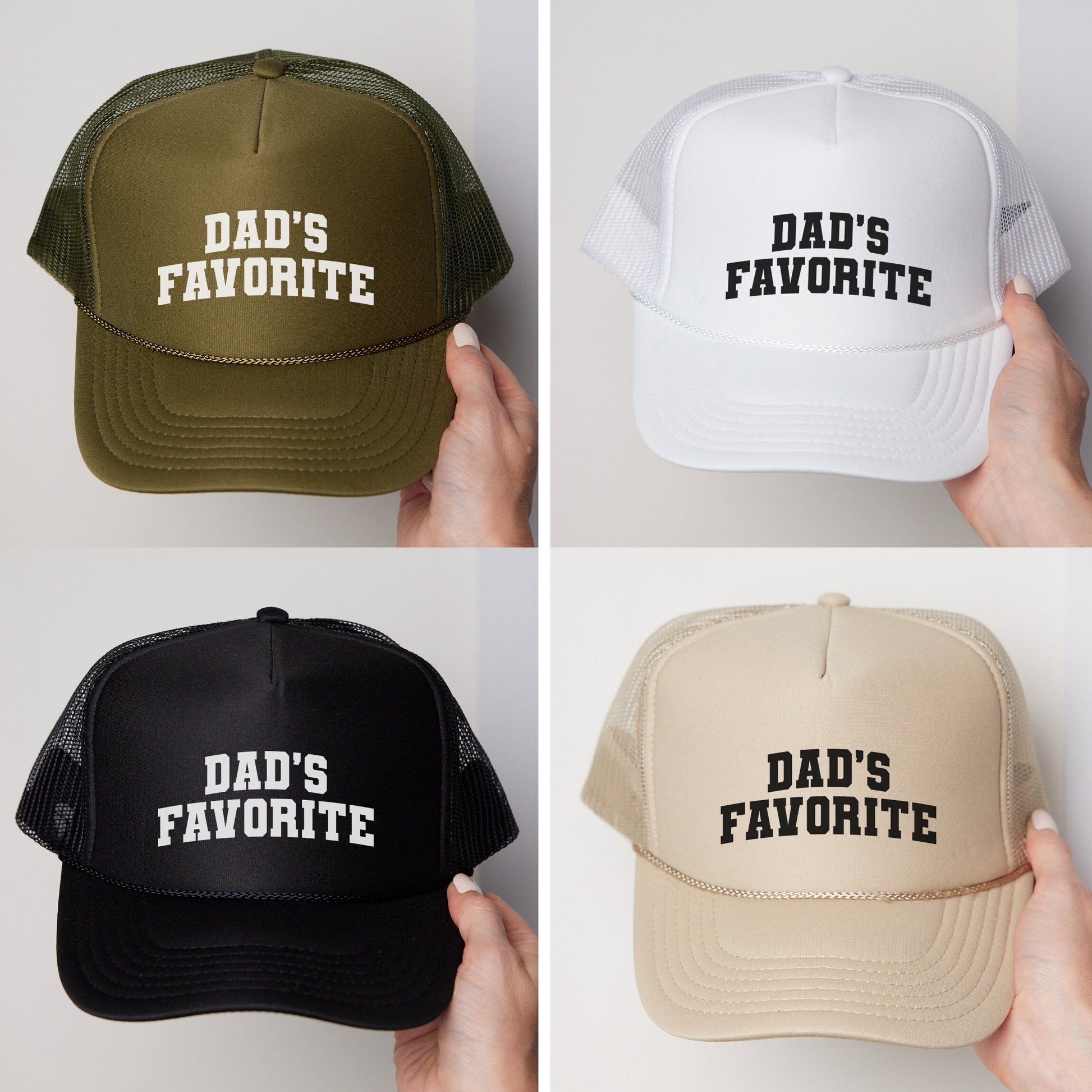 four hats that say dad&#39;s favorite, dad&#39;s favorite, dad &#39;