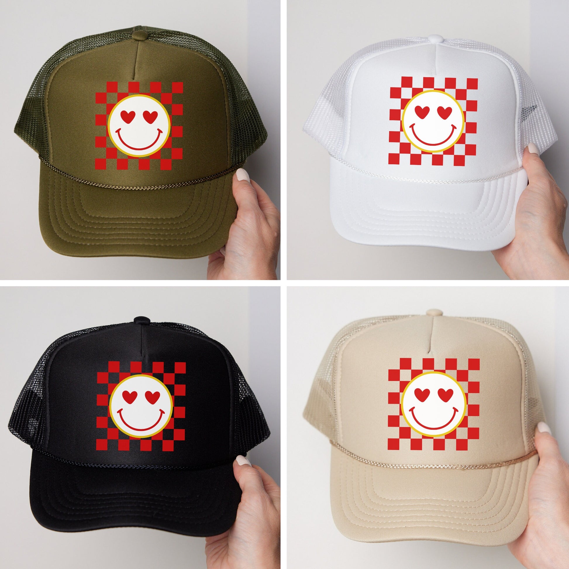 four different hats with a smiley face on them
