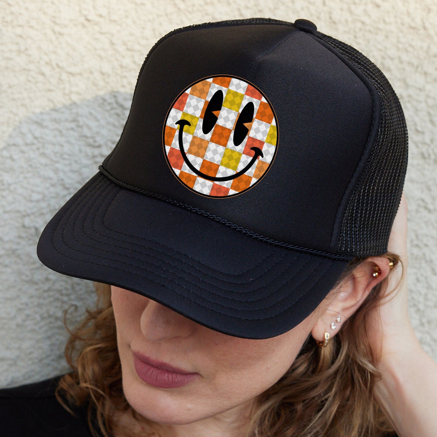 Smiley Face Hat, Valentine's Day Smile Trucker Hat, Retro Happy Face Hat, Trendy Checkered Hat, Cute Valentine Outfit
