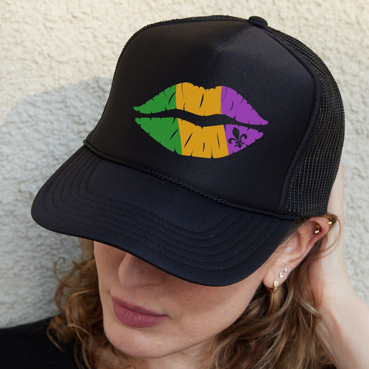 Mardi Grass Lips Hat, Mardi Lips Trucker Hat, Fat Tuesday Hat, New Orleans, Mardi Kiss Cap, Nola Souvenir, Mardi Grass Hat