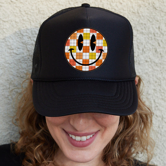 Smiley Face Hat, Valentine's Day Smile Trucker Hat, Retro Happy Face Hat, Trendy Checkered Hat, Cute Valentine Outfit