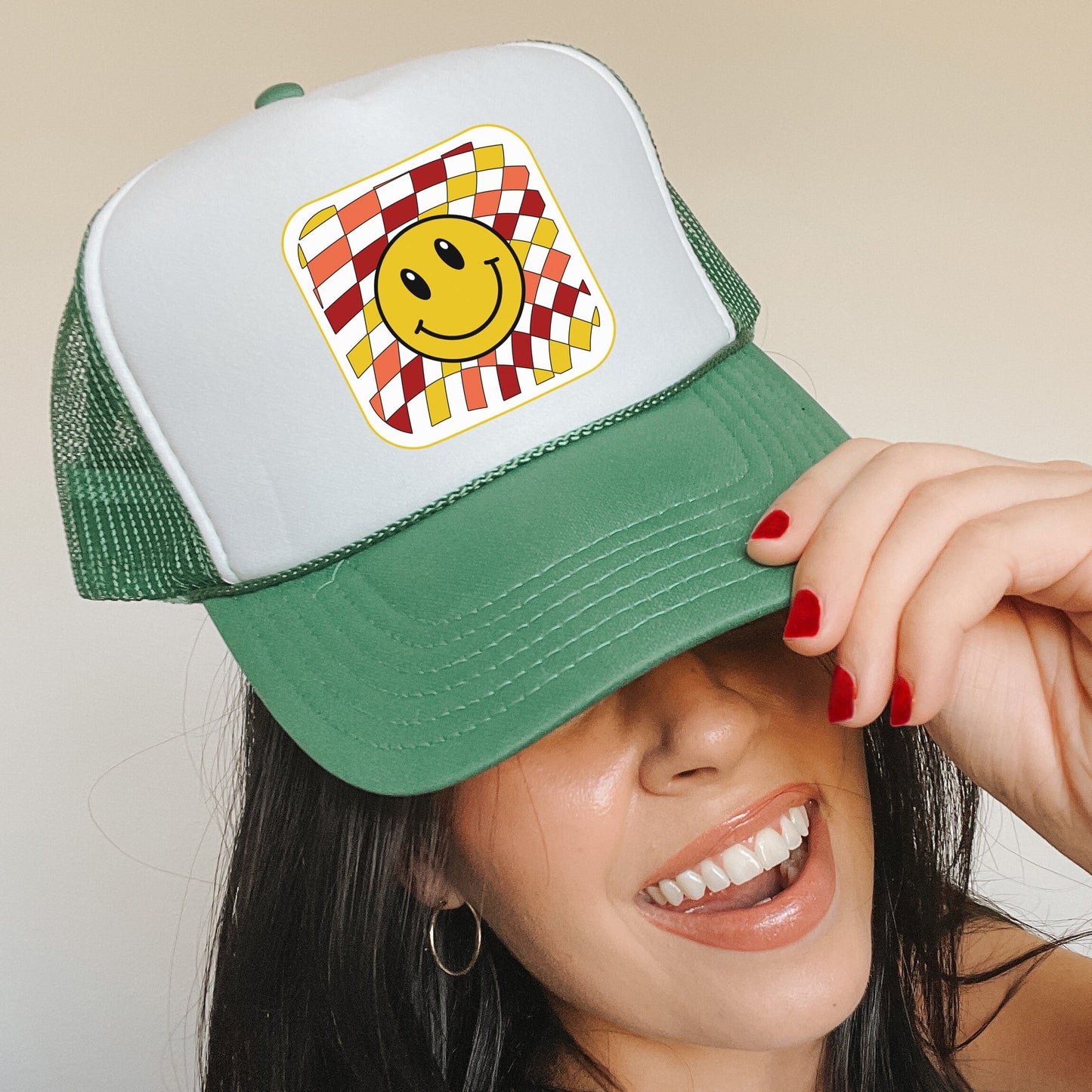 Checkered Smiley Face Hat, Smile Face Hat, Smiley Graphic Trucker  Hat, Happy Face Hat, Vintage Smiley Hat, Happy Hat