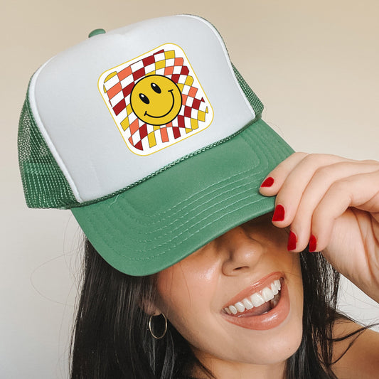 Checkered Smiley Face Hat, Smile Face Hat, Smiley Graphic Trucker  Hat, Happy Face Hat, Vintage Smiley Hat, Happy Hat