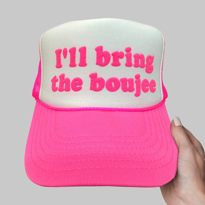 a pink and white trucker hat with the words i&#39;ll bring the bo