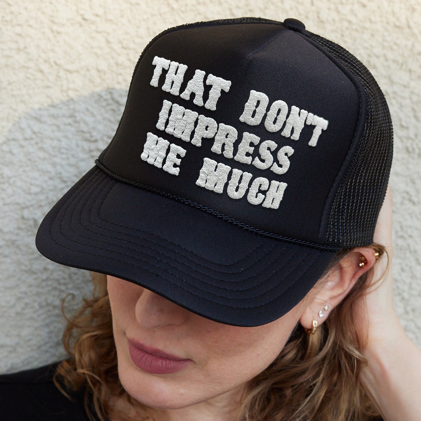 That Don't Impress Me Much Puff Print Trucker Hat, That Don't Impress Me Much Hat, Concert Music Trucker Hat