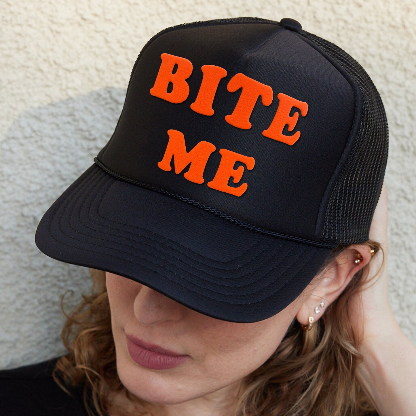 Bite Me Puff Print Trucker Hat, Bite Me Hat