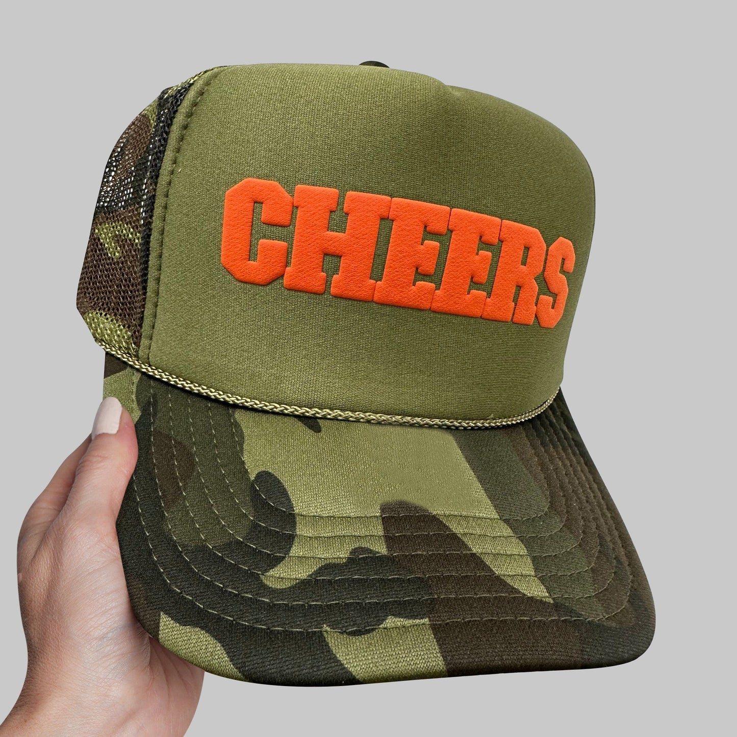 Cheers Puff Print Trucker Hat, Cheers Hat